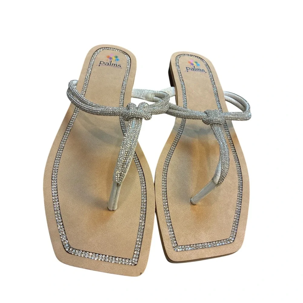 Palms Women Rhinestone Embellished Thong Sandals Square Toe Flat Slip On Shoe 10 - Picture 1 of 6